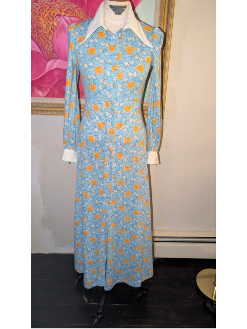 Women's Vintage Style Floral Long Sleeve Dress Blue Yellow Size S